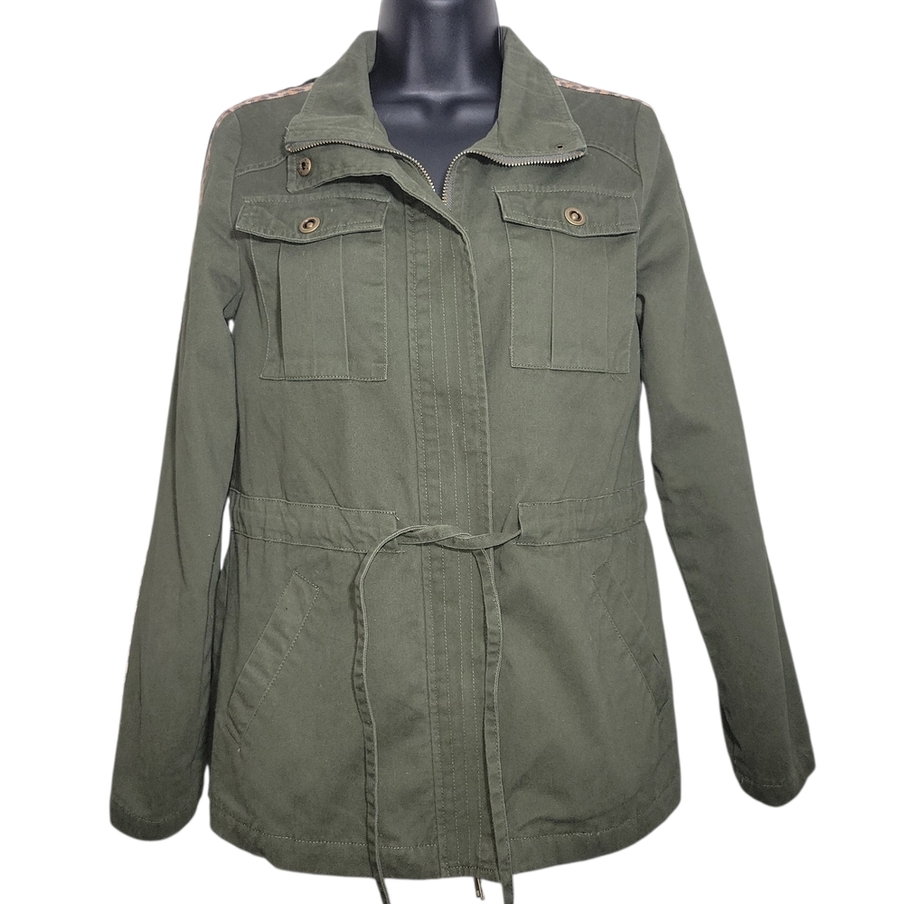 AQUA Leopard Stripe Utility Military Field Jacket Olive Green Cotton Lined Small